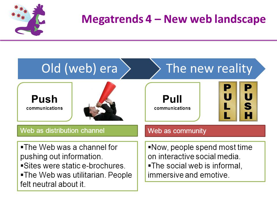 Megatrends 4 – New web landscape Pull communications  The Web was a channel for pushing out information.