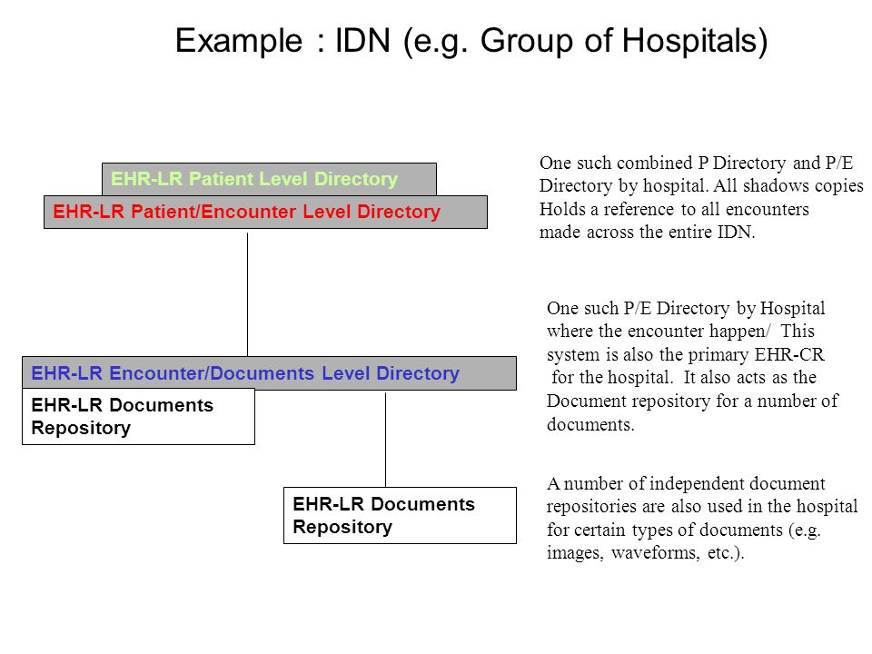 EHR-LR Patient Level Directory EHR-LR Patient/Encounter Level Directory EHR-LR Documents Repository EHR-LR Encounter/Documents Level Directory Example : IDN (e.g.