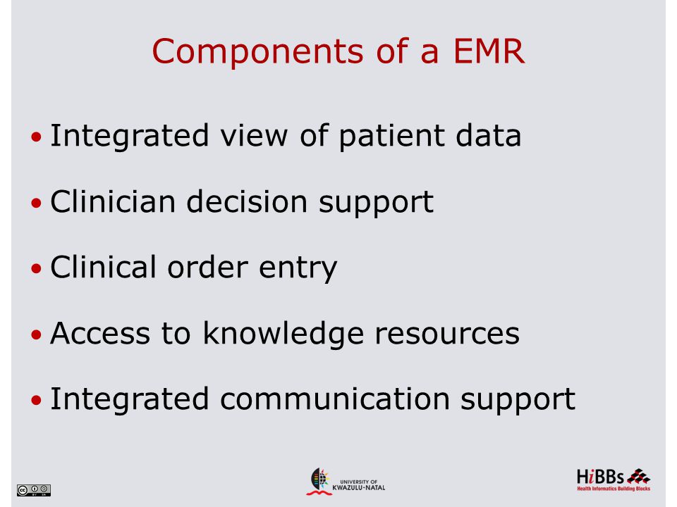 Components of a EMR Integrated view of patient data Clinician decision support Clinical order entry Access to knowledge resources Integrated communication support