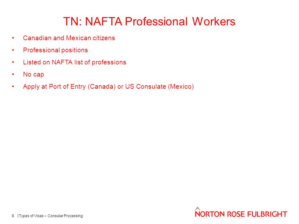TN: NAFTA Professional Workers Canadian and Mexican citizens Professional positions Listed on NAFTA list of professions No cap Apply at Port of Entry (Canada) or US Consulate (Mexico) Types of Visas – Consular Processing8
