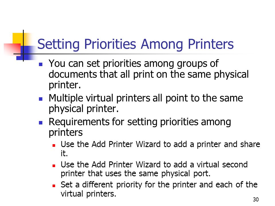 30 Setting Priorities Among Printers You can set priorities among groups of documents that all print on the same physical printer.