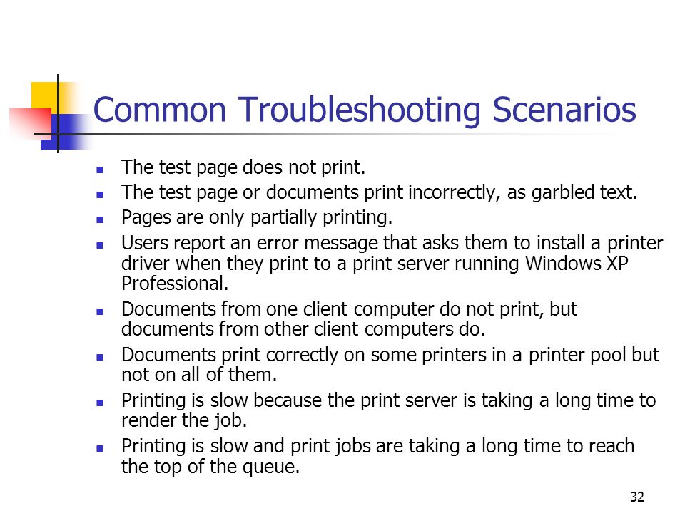 32 Common Troubleshooting Scenarios The test page does not print.