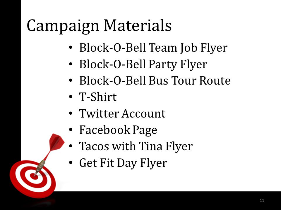 Campaign Materials Block-O-Bell Team Job Flyer Block-O-Bell Party Flyer Block-O-Bell Bus Tour Route T-Shirt Twitter Account Facebook Page Tacos with Tina Flyer Get Fit Day Flyer 11