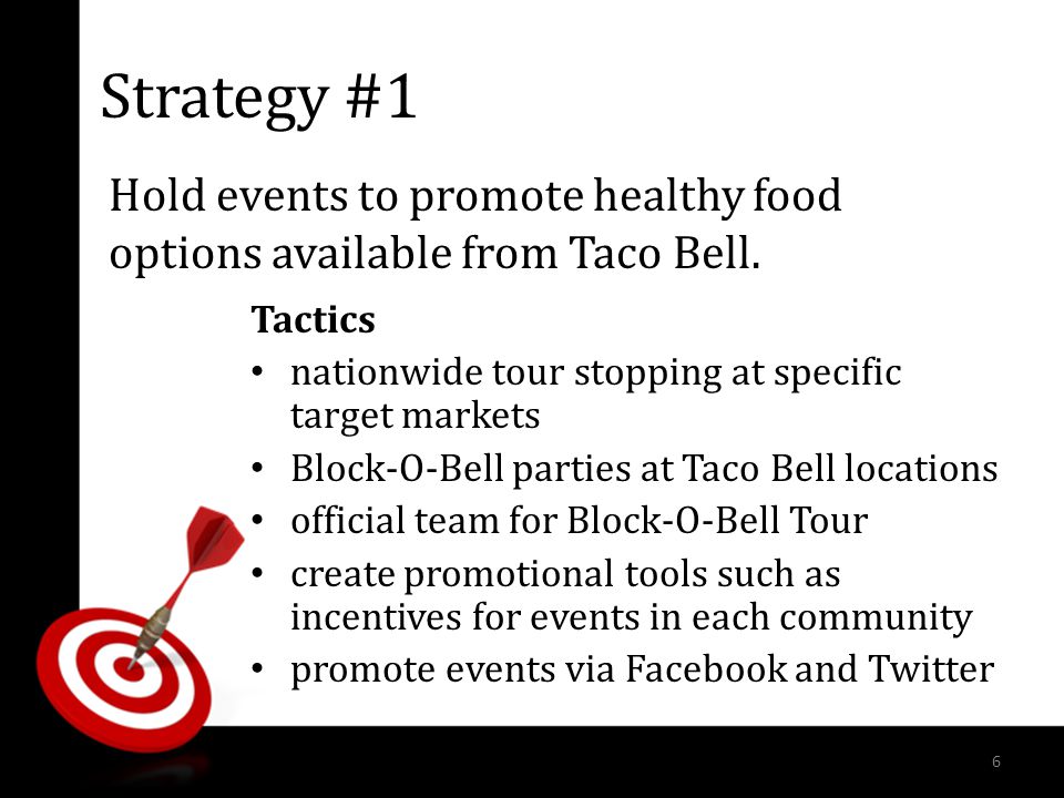 Strategy #1 Tactics nationwide tour stopping at specific target markets Block-O-Bell parties at Taco Bell locations official team for Block-O-Bell Tour create promotional tools such as incentives for events in each community promote events via Facebook and Twitter Hold events to promote healthy food options available from Taco Bell.
