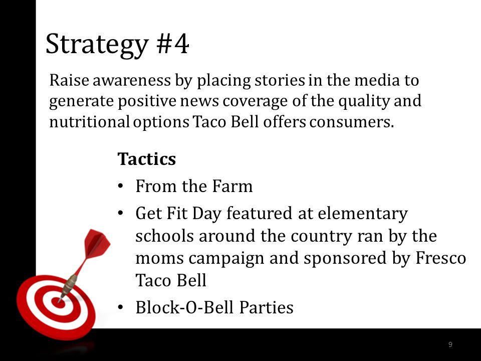 Strategy #4 Tactics From the Farm Get Fit Day featured at elementary schools around the country ran by the moms campaign and sponsored by Fresco Taco Bell Block-O-Bell Parties Raise awareness by placing stories in the media to generate positive news coverage of the quality and nutritional options Taco Bell offers consumers.
