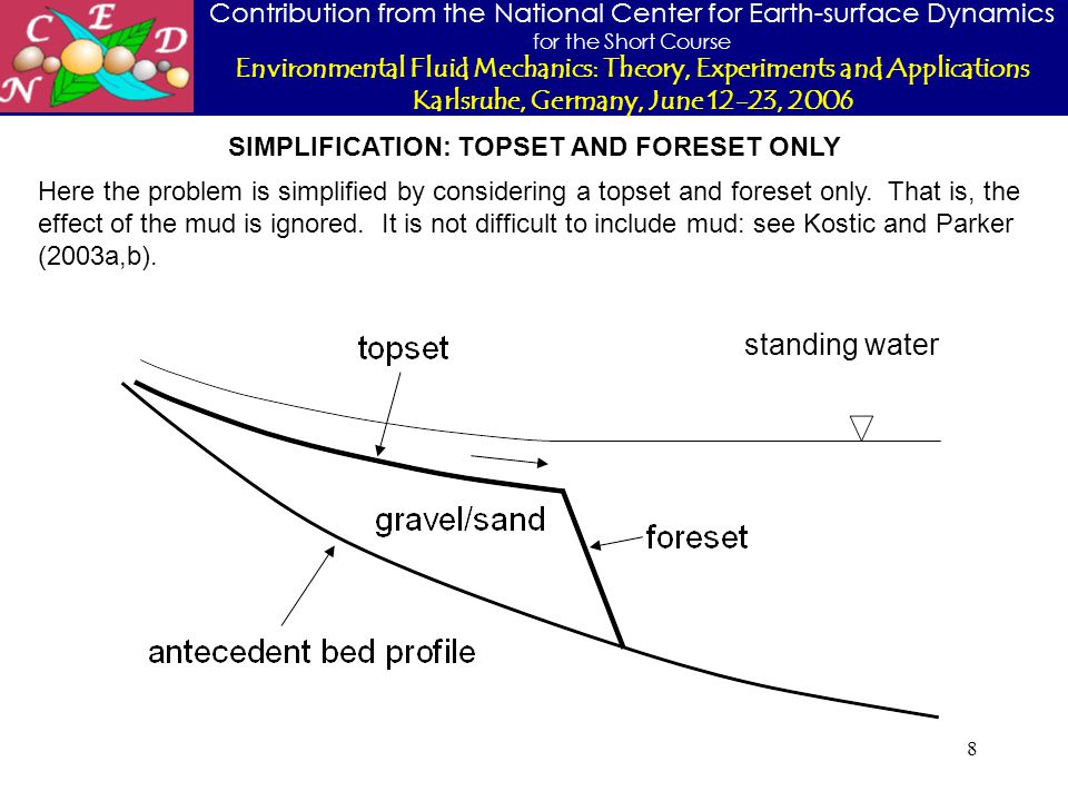 Contribution from the National Center for Earth-surface Dynamics for the Short Course Environmental Fluid Mechanics: Theory, Experiments and Applications Karlsruhe, Germany, June 12-23, SIMPLIFICATION: TOPSET AND FORESET ONLY Here the problem is simplified by considering a topset and foreset only.
