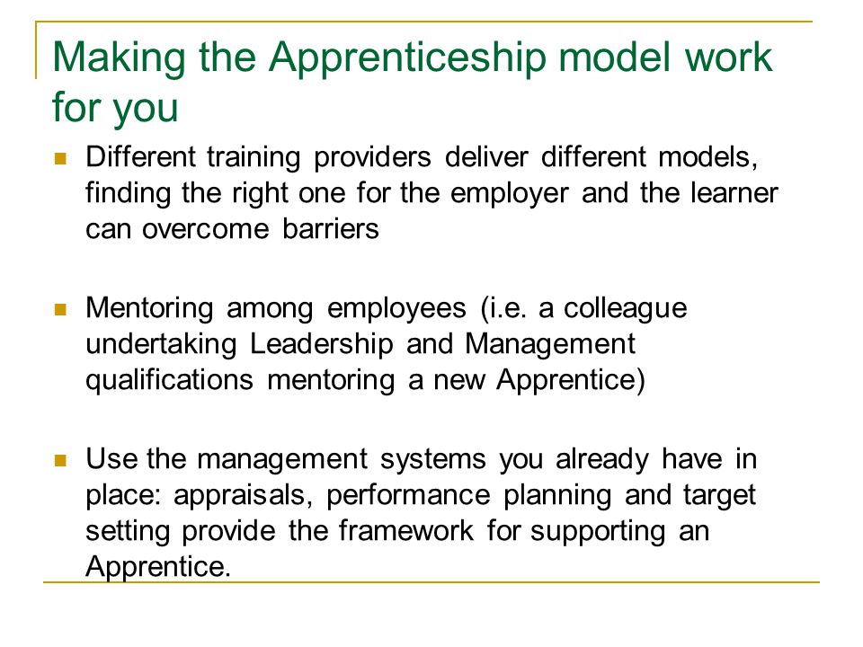 Making the Apprenticeship model work for you Different training providers deliver different models, finding the right one for the employer and the learner can overcome barriers Mentoring among employees (i.e.