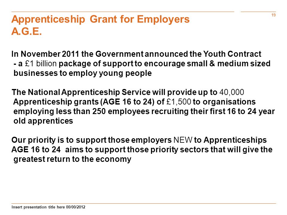 19 Insert presentation title here 00/00/2012 Apprenticeship Grant for Employers A.G.E.