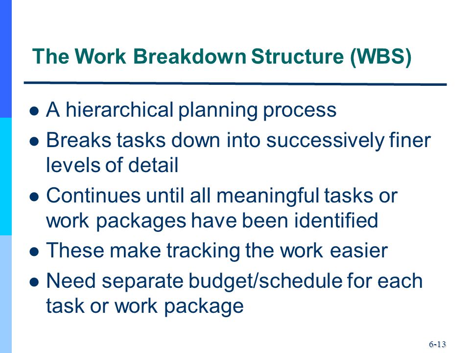 6-13 The Work Breakdown Structure (WBS) A hierarchical planning process Breaks tasks down into successively finer levels of detail Continues until all meaningful tasks or work packages have been identified These make tracking the work easier Need separate budget/schedule for each task or work package