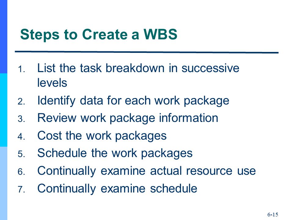 6-15 Steps to Create a WBS 1. List the task breakdown in successive levels 2.