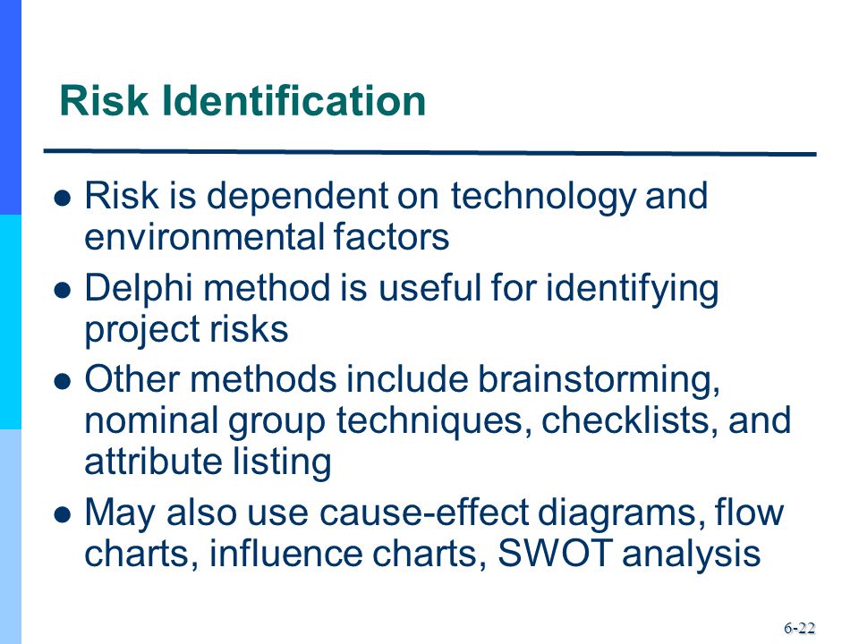 6-22 Risk Identification Risk is dependent on technology and environmental factors Delphi method is useful for identifying project risks Other methods include brainstorming, nominal group techniques, checklists, and attribute listing May also use cause-effect diagrams, flow charts, influence charts, SWOT analysis