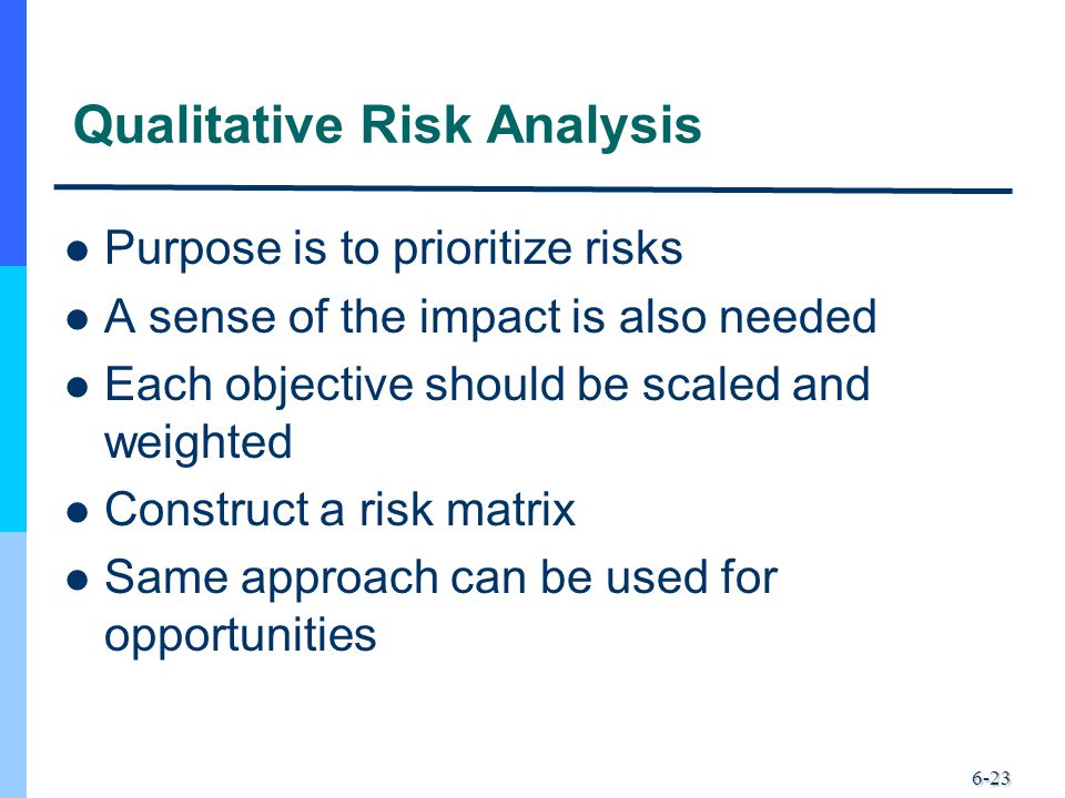 6-23 Qualitative Risk Analysis Purpose is to prioritize risks A sense of the impact is also needed Each objective should be scaled and weighted Construct a risk matrix Same approach can be used for opportunities