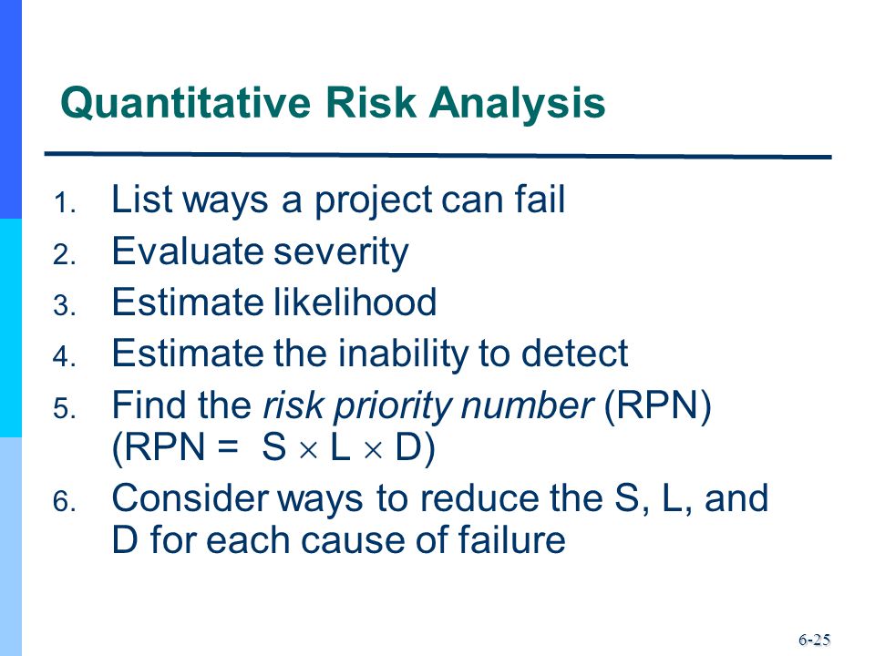 6-25 Quantitative Risk Analysis 1. List ways a project can fail 2.