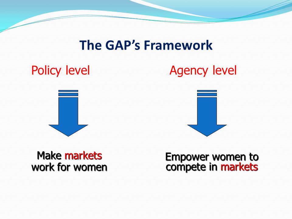 The GAP’s Framework Policy level Agency level Empower women to compete in markets Make markets work for women