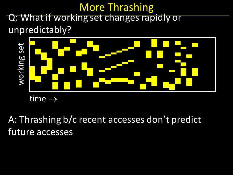 More Thrashing Q: What if working set changes rapidly or unpredictably.