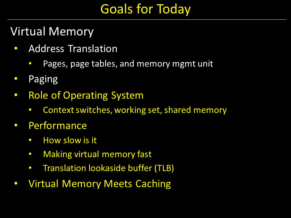 Goals for Today Virtual Memory Address Translation Pages, page tables, and memory mgmt unit Paging Role of Operating System Context switches, working set, shared memory Performance How slow is it Making virtual memory fast Translation lookaside buffer (TLB) Virtual Memory Meets Caching