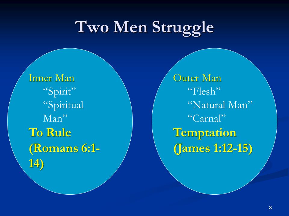 Two Men Struggle Outer Man Flesh Natural Man Carnal Temptation (James 1:12-15) Inner Man Spirit Spiritual Man To Rule (Romans 6:1- 14) 8