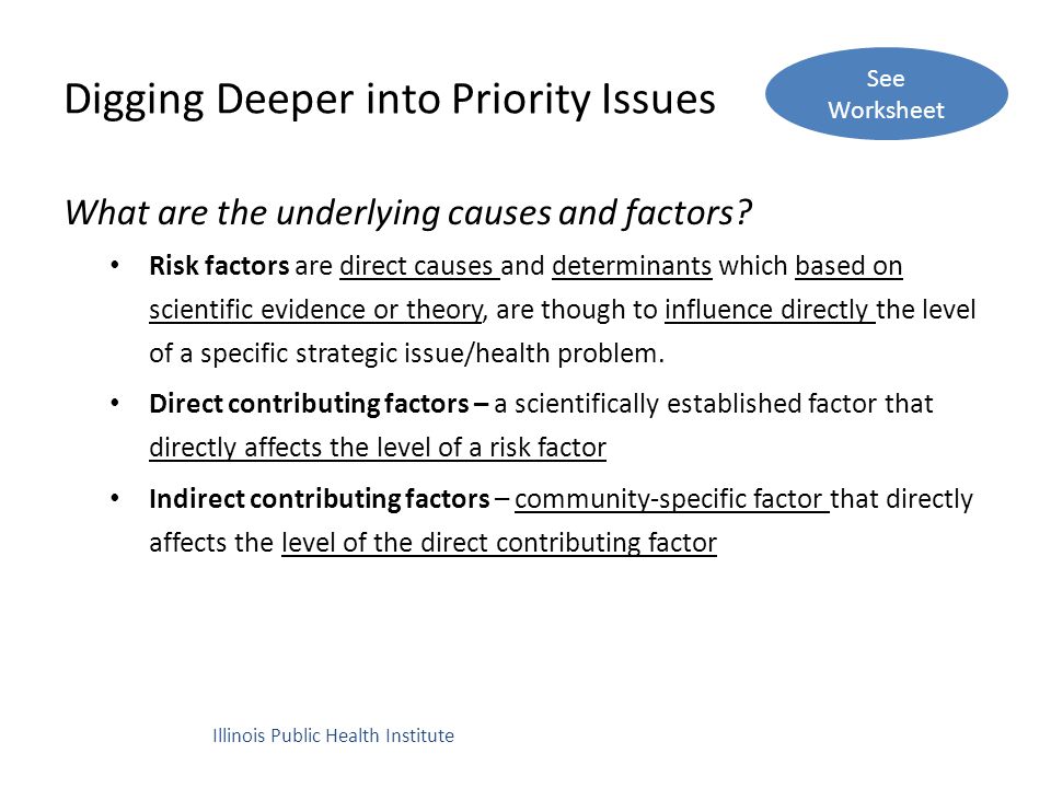 Digging Deeper into Priority Issues What are the underlying causes and factors.