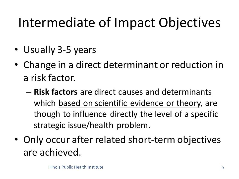 Intermediate of Impact Objectives Usually 3-5 years Change in a direct determinant or reduction in a risk factor.