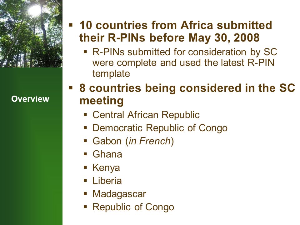 Overview  10 countries from Africa submitted their R-PINs before May 30, 2008  R-PINs submitted for consideration by SC were complete and used the latest R-PIN template  8 countries being considered in the SC meeting  Central African Republic  Democratic Republic of Congo  Gabon (in French)  Ghana  Kenya  Liberia  Madagascar  Republic of Congo