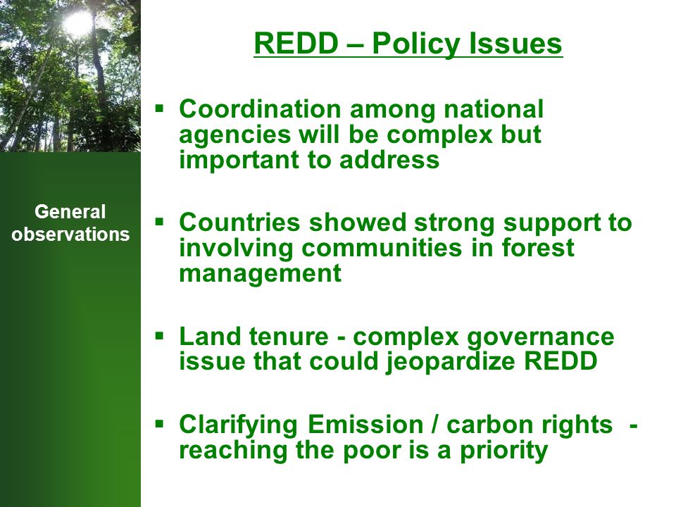 General observations REDD – Policy Issues  Coordination among national agencies will be complex but important to address  Countries showed strong support to involving communities in forest management  Land tenure - complex governance issue that could jeopardize REDD  Clarifying Emission / carbon rights - reaching the poor is a priority