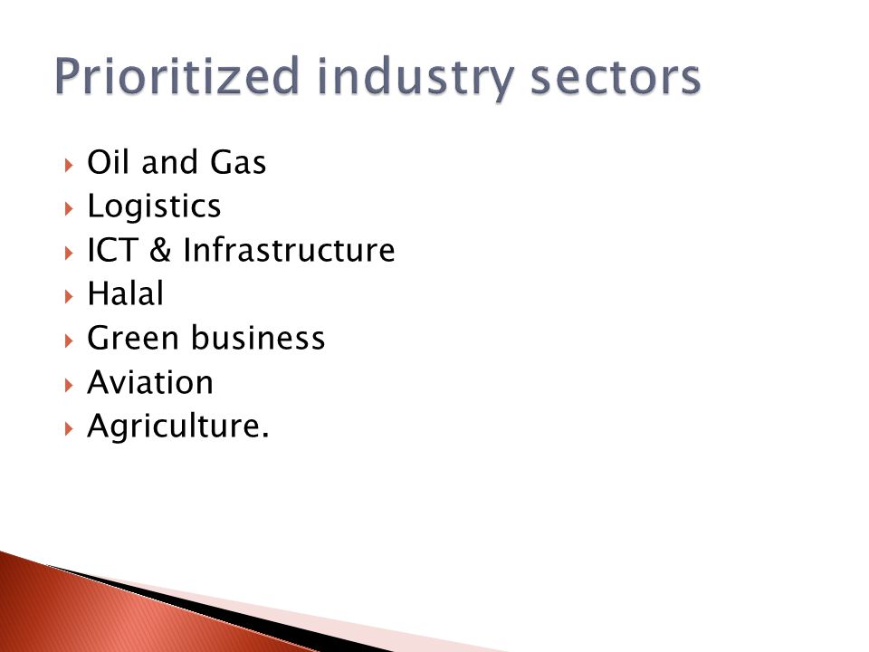  Oil and Gas  Logistics  ICT & Infrastructure  Halal  Green business  Aviation  Agriculture.