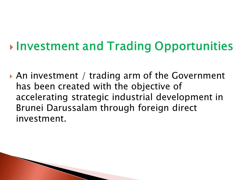  Investment and Trading Opportunities  An investment / trading arm of the Government has been created with the objective of accelerating strategic industrial development in Brunei Darussalam through foreign direct investment.