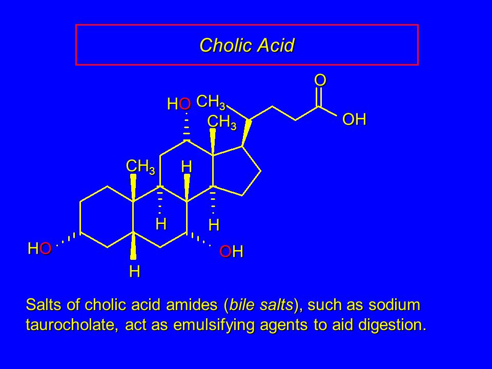 Cholic Acid Salts of cholic acid amides (bile salts), such as sodium taurocholate, act as emulsifying agents to aid digestion.