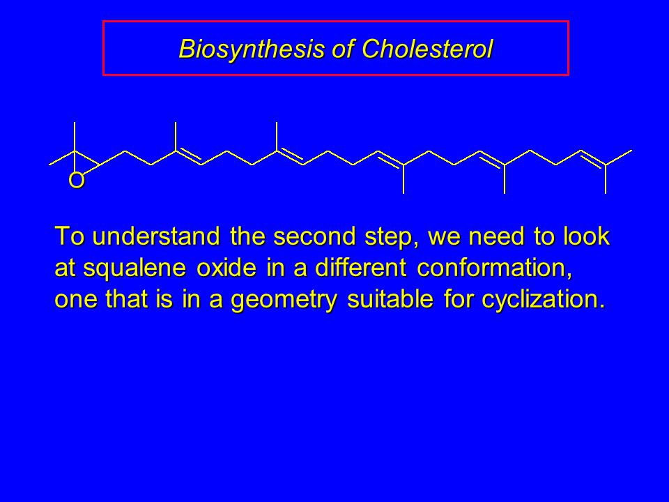 Biosynthesis of Cholesterol To understand the second step, we need to look at squalene oxide in a different conformation, one that is in a geometry suitable for cyclization.