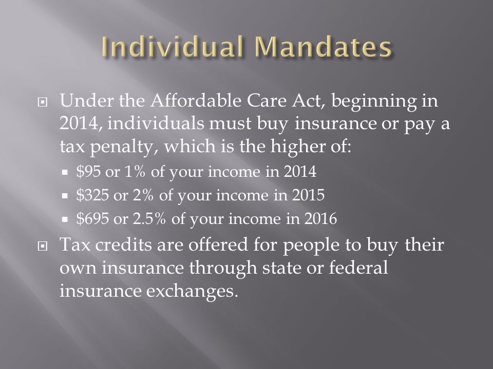  Under the Affordable Care Act, beginning in 2014, individuals must buy insurance or pay a tax penalty, which is the higher of:  $95 or 1% of your income in 2014  $325 or 2% of your income in 2015  $695 or 2.5% of your income in 2016  Tax credits are offered for people to buy their own insurance through state or federal insurance exchanges.