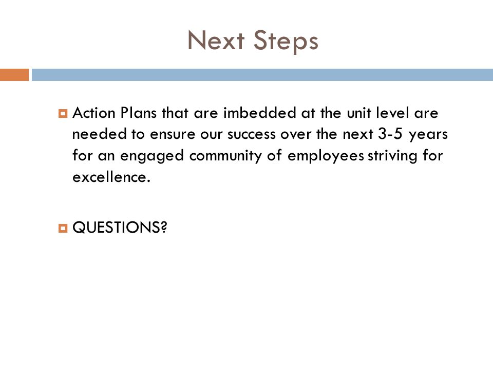Next Steps  Action Plans that are imbedded at the unit level are needed to ensure our success over the next 3-5 years for an engaged community of employees striving for excellence.