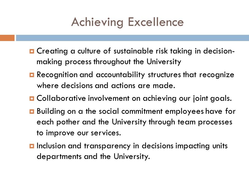Achieving Excellence  Creating a culture of sustainable risk taking in decision- making process throughout the University  Recognition and accountability structures that recognize where decisions and actions are made.