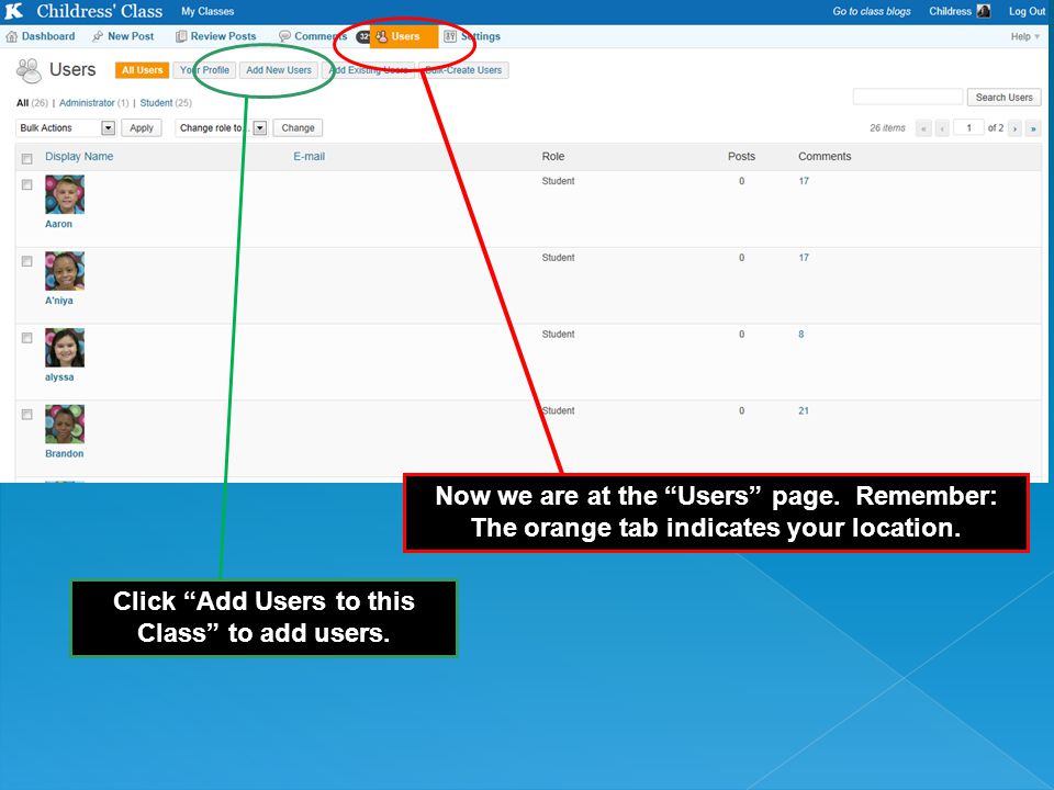 Click Add Users to this Class to add users. Now we are at the Users page.