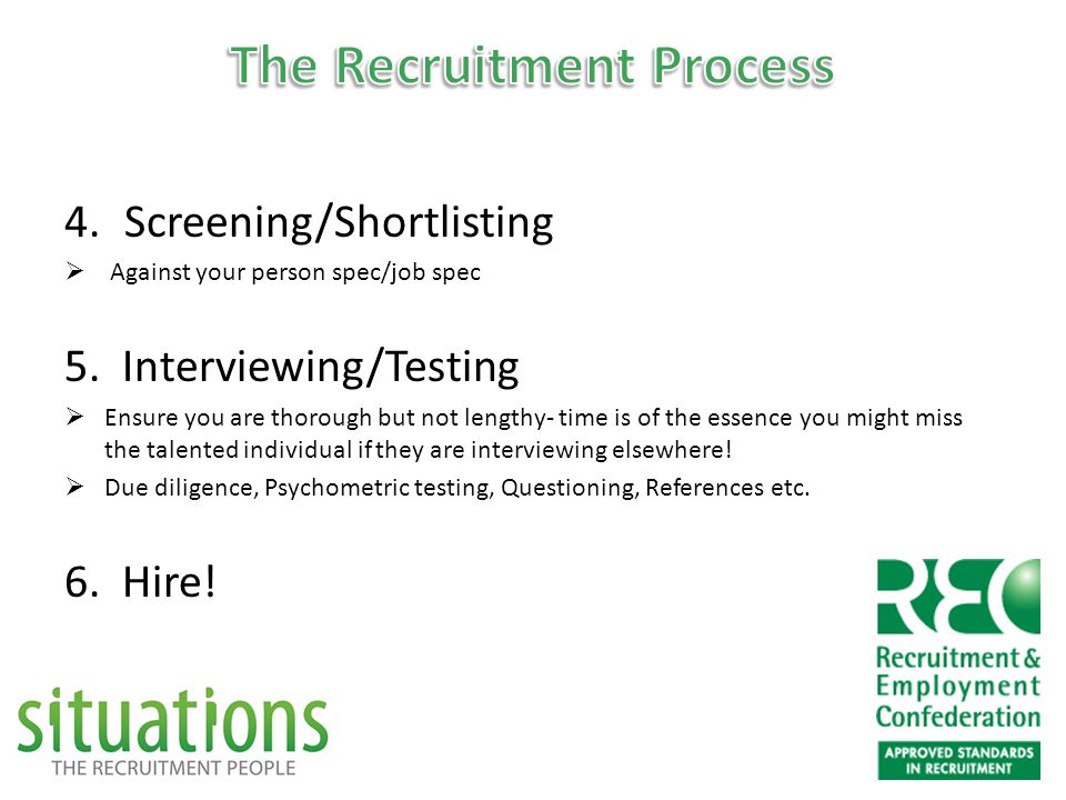 4.Screening/Shortlisting  Against your person spec/job spec 5.