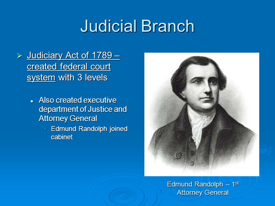 Judicial Branch  Judiciary Act of 1789 – created federal court system with 3 levels Also created executive department of Justice and Attorney General Also created executive department of Justice and Attorney General Edmund Randolph joined cabinetEdmund Randolph joined cabinet Edmund Randolph – 1 st Attorney General