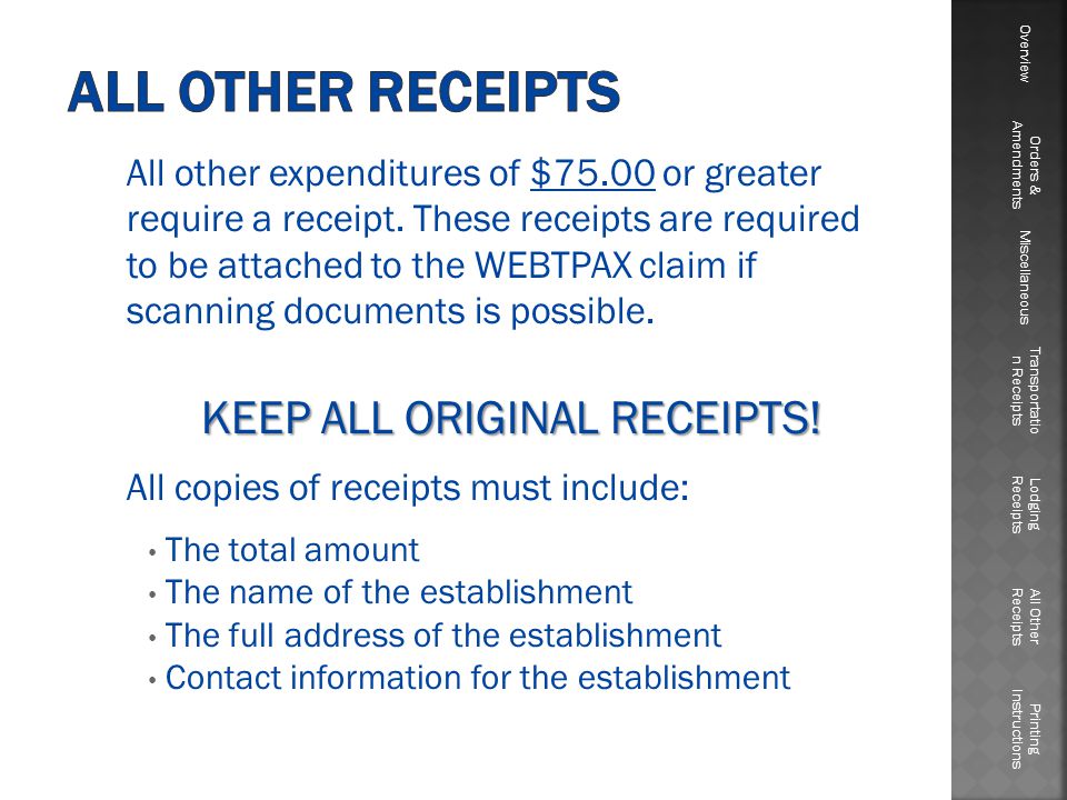 All other expenditures of $75.00 or greater require a receipt.
