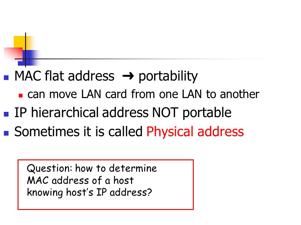 MAC flat address ➜ portability can move LAN card from one LAN to another IP hierarchical address NOT portable Sometimes it is called Physical address Question: how to determine MAC address of a host knowing host’s IP address