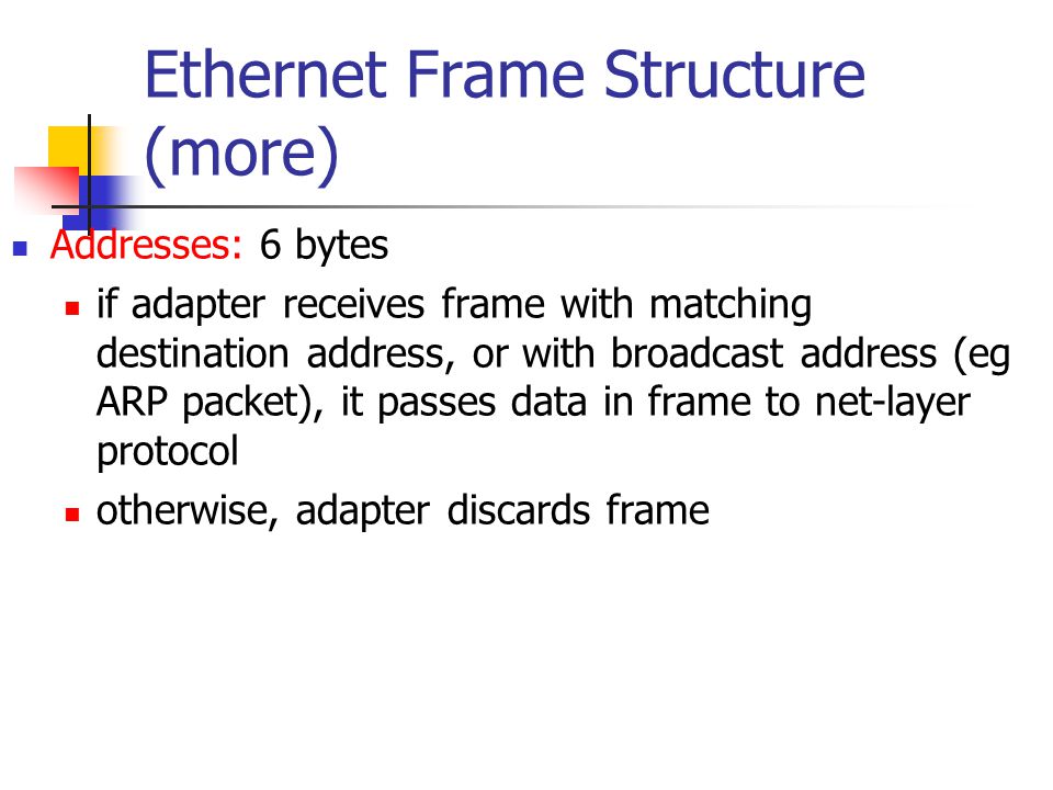 Ethernet Frame Structure (more) Addresses: 6 bytes if adapter receives frame with matching destination address, or with broadcast address (eg ARP packet), it passes data in frame to net-layer protocol otherwise, adapter discards frame