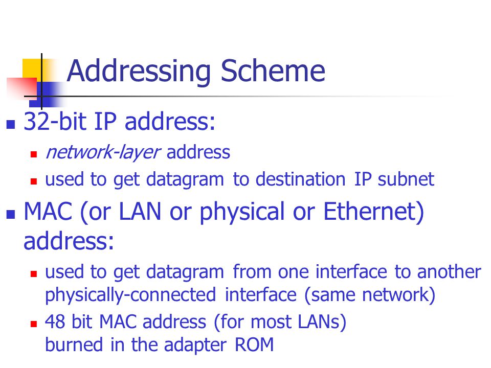 Addressing Scheme 32-bit IP address: network-layer address used to get datagram to destination IP subnet MAC (or LAN or physical or Ethernet) address: used to get datagram from one interface to another physically-connected interface (same network) 48 bit MAC address (for most LANs) burned in the adapter ROM