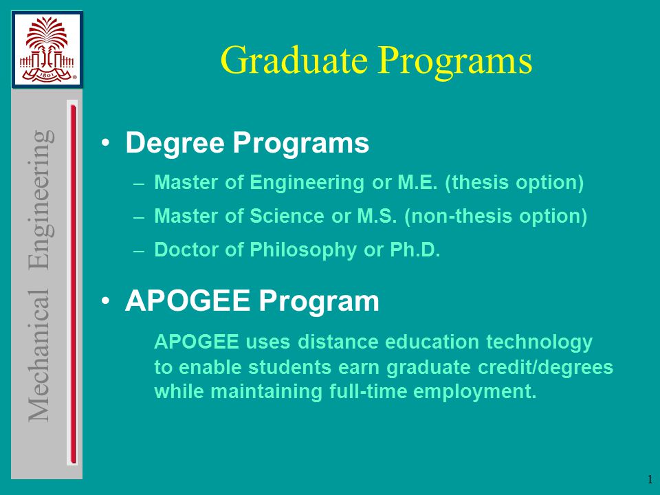 Mechanical Engineering 1 Graduate Programs Degree Programs –Master of Engineering or M.E.