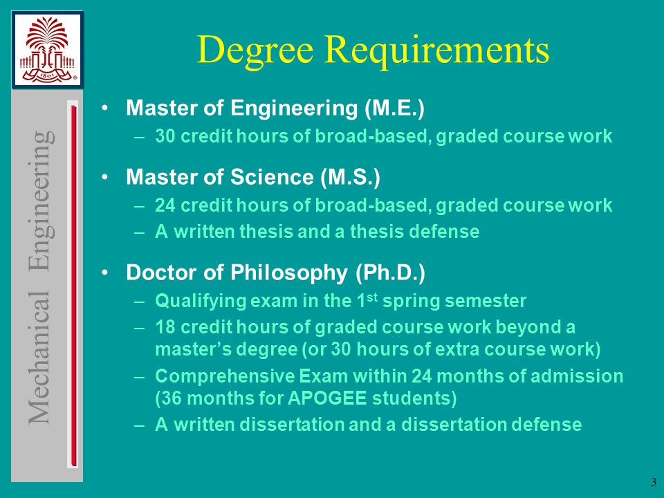 Mechanical Engineering 3 Degree Requirements Master of Engineering (M.E.) –30 credit hours of broad-based, graded course work Master of Science (M.S.) –24 credit hours of broad-based, graded course work –A written thesis and a thesis defense Doctor of Philosophy (Ph.D.) –Qualifying exam in the 1 st spring semester –18 credit hours of graded course work beyond a master’s degree (or 30 hours of extra course work) –Comprehensive Exam within 24 months of admission (36 months for APOGEE students) –A written dissertation and a dissertation defense