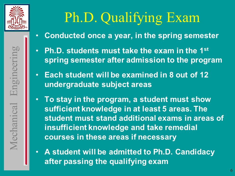 Mechanical Engineering 6 Ph.D. Qualifying Exam Conducted once a year, in the spring semester Ph.D.