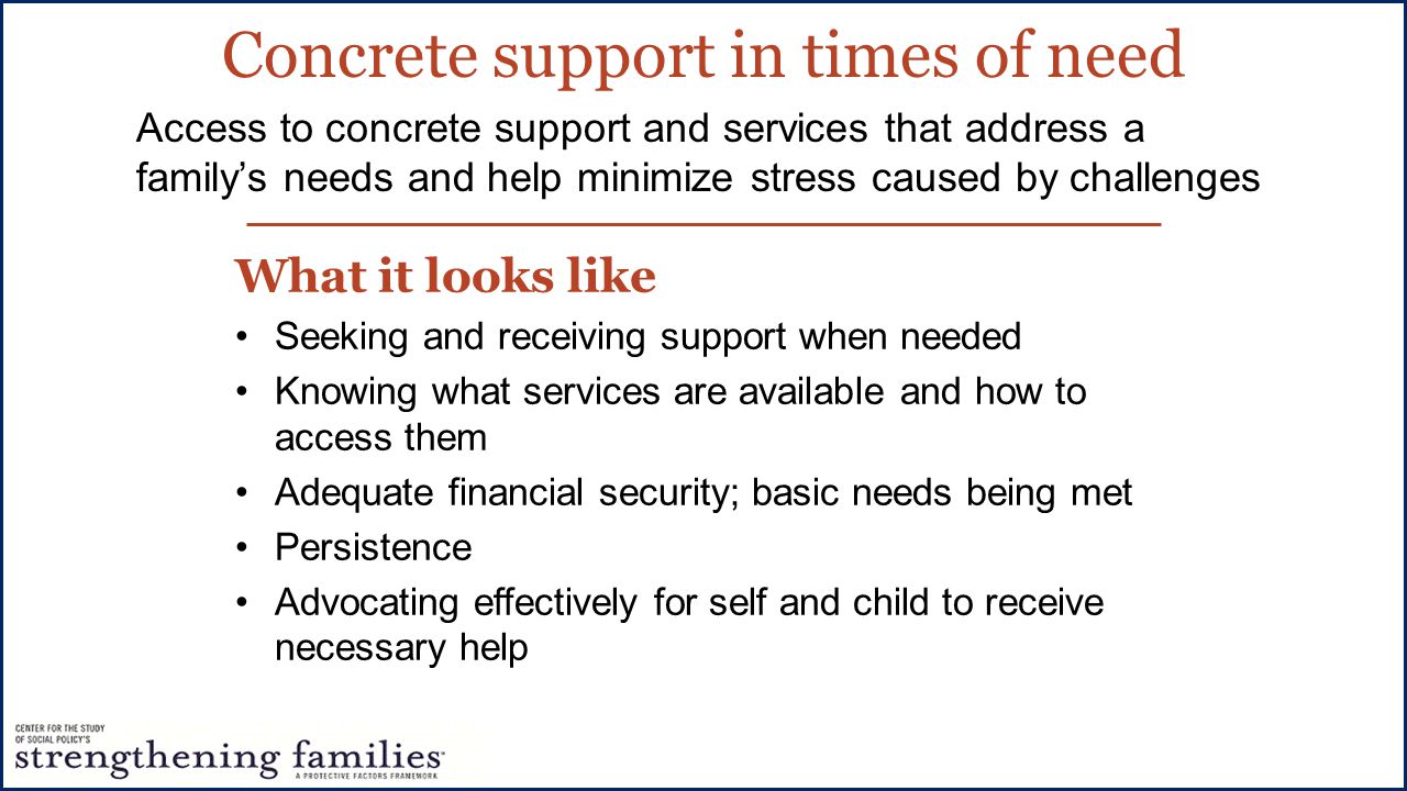 Concrete support in times of need What it looks like Seeking and receiving support when needed Knowing what services are available and how to access them Adequate financial security; basic needs being met Persistence Advocating effectively for self and child to receive necessary help Access to concrete support and services that address a family’s needs and help minimize stress caused by challenges