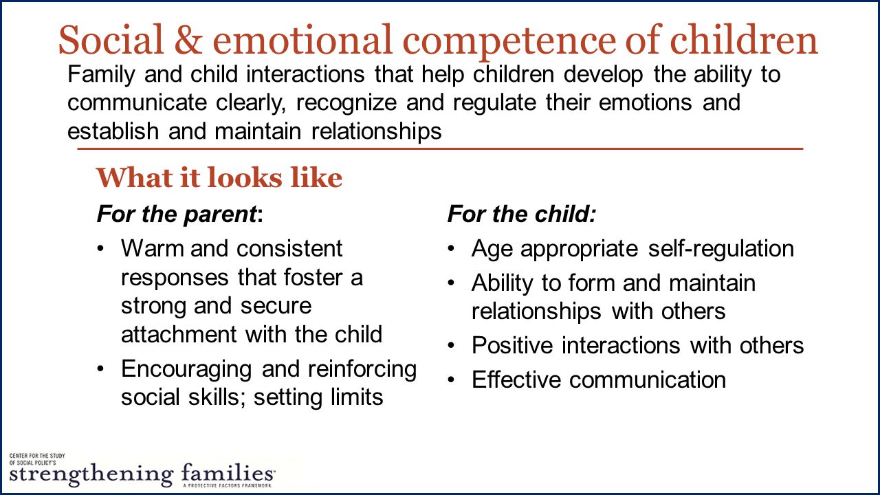 Social & emotional competence of children What it looks like For the parent: Warm and consistent responses that foster a strong and secure attachment with the child Encouraging and reinforcing social skills; setting limits Family and child interactions that help children develop the ability to communicate clearly, recognize and regulate their emotions and establish and maintain relationships For the child: Age appropriate self-regulation Ability to form and maintain relationships with others Positive interactions with others Effective communication