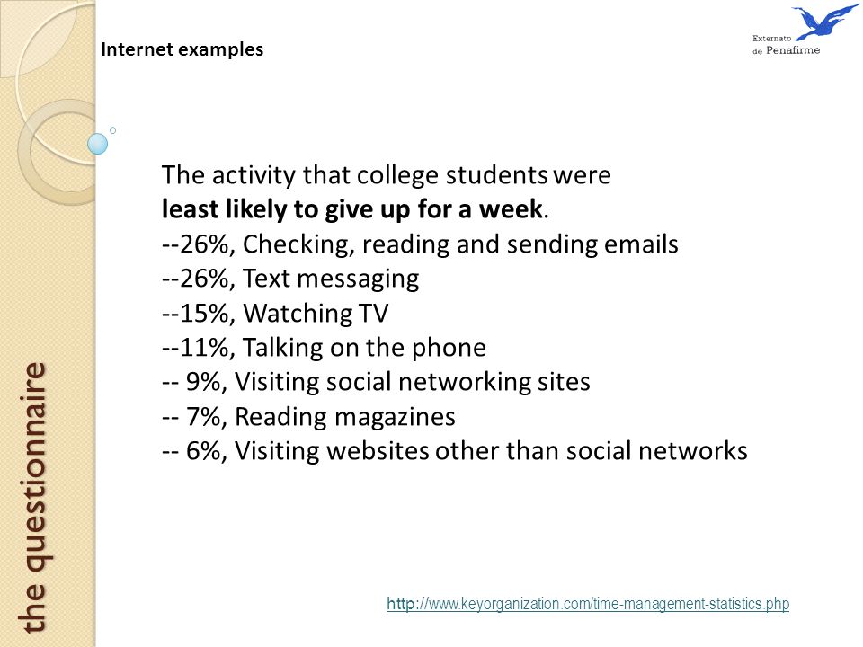 Internet examples the questionnaire     The activity that college students were least likely to give up for a week.