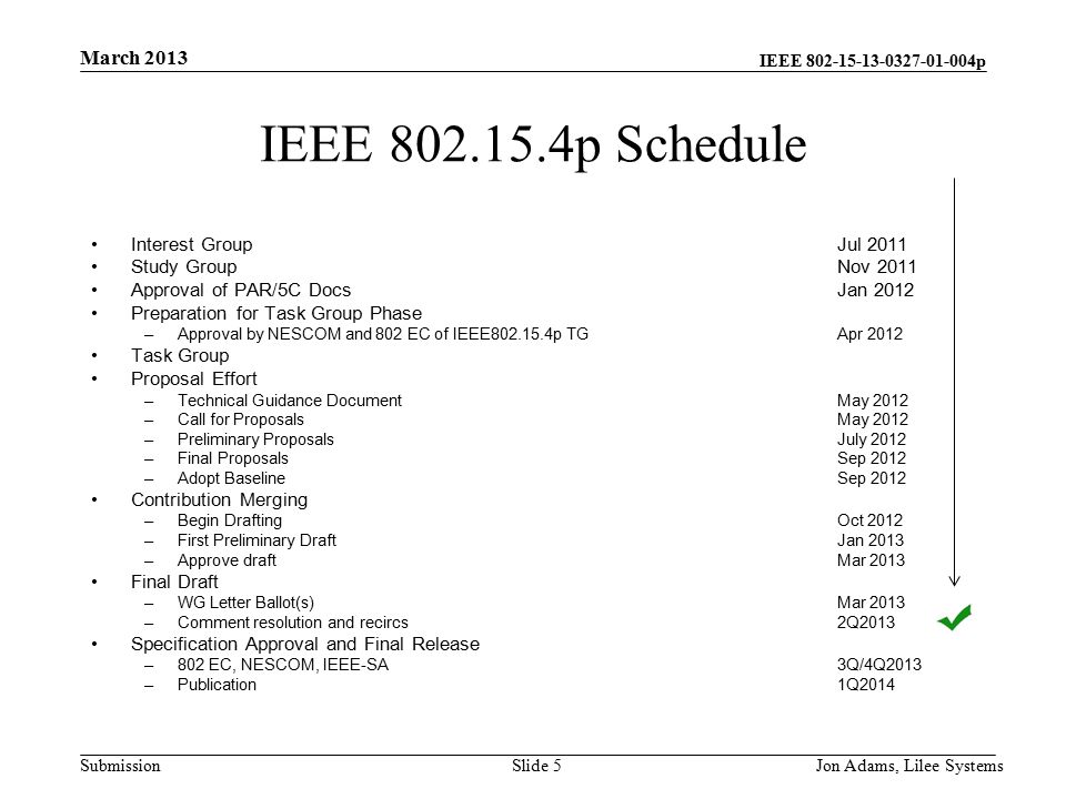 IEEE p Submission IEEE p Schedule Interest GroupJul 2011 Study GroupNov 2011 Approval of PAR/5C DocsJan 2012 Preparation for Task Group Phase –Approval by NESCOM and 802 EC of IEEE p TGApr 2012 Task Group Proposal Effort –Technical Guidance DocumentMay 2012 –Call for ProposalsMay 2012 –Preliminary ProposalsJuly 2012 –Final ProposalsSep 2012 –Adopt BaselineSep 2012 Contribution Merging –Begin DraftingOct 2012 –First Preliminary DraftJan 2013 –Approve draftMar 2013 Final Draft –WG Letter Ballot(s)Mar 2013 –Comment resolution and recircs2Q2013 Specification Approval and Final Release –802 EC, NESCOM, IEEE-SA3Q/4Q2013 –Publication1Q2014 March 2013 Jon Adams, Lilee SystemsSlide 5