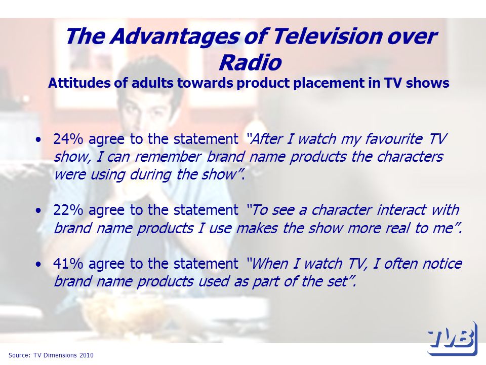 The Advantages of Television over Radio Attitudes of adults towards product placement in TV shows 24% agree to the statement After I watch my favourite TV show, I can remember brand name products the characters were using during the show .