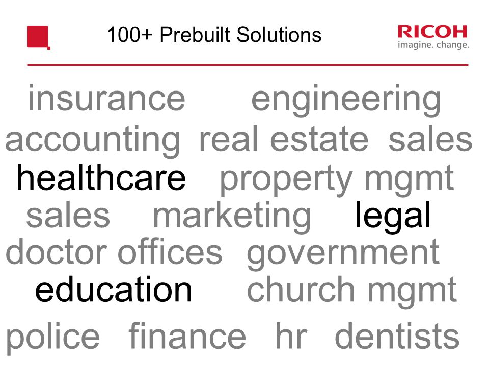 legal education sales property mgmt hr church mgmt marketing accounting healthcare government police doctor offices dentists engineering finance insurance real estatesales 100+ Prebuilt Solutions