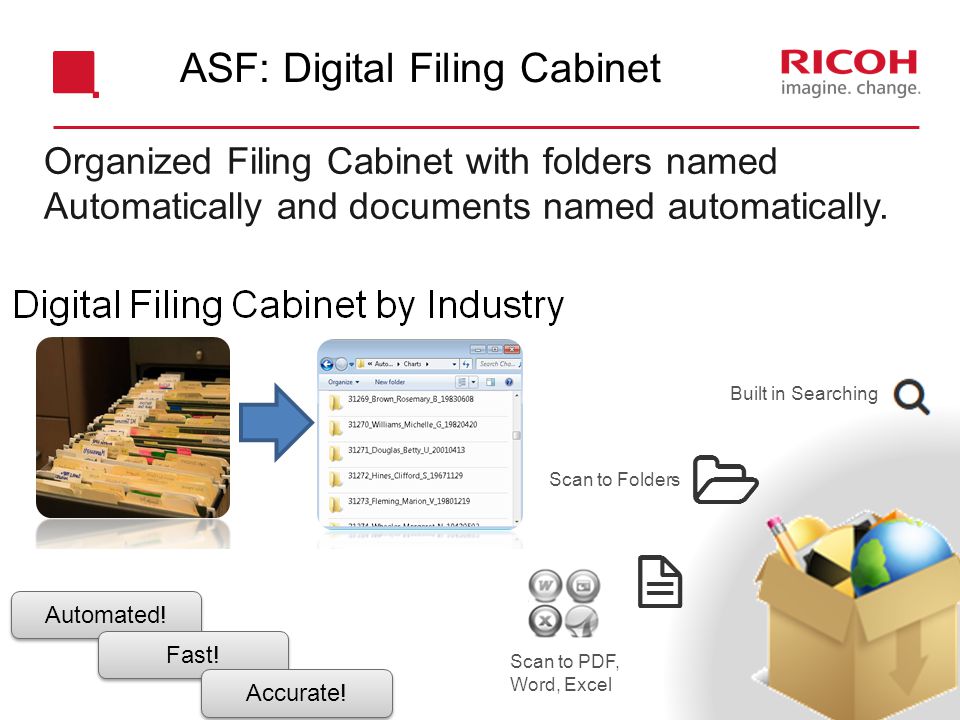 ASF: Digital Filing Cabinet Scan to PDF, Word, Excel Scan to Folders Built in Searching Organized Filing Cabinet with folders named Automatically and documents named automatically.