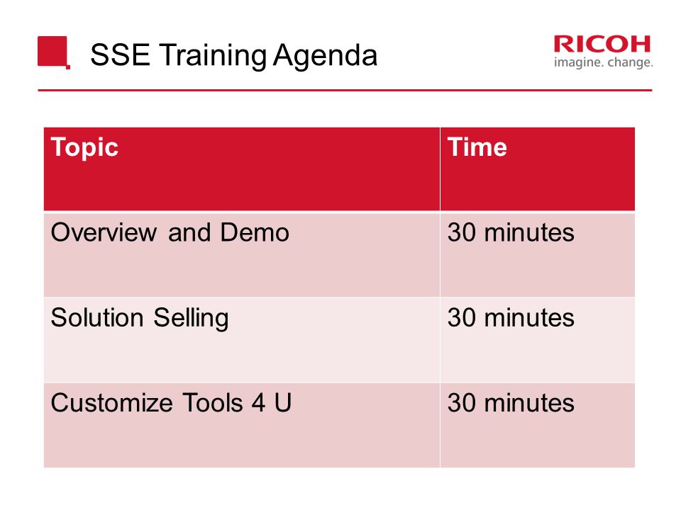 SSE Training Agenda TopicTime Overview and Demo30 minutes Solution Selling30 minutes Customize Tools 4 U30 minutes